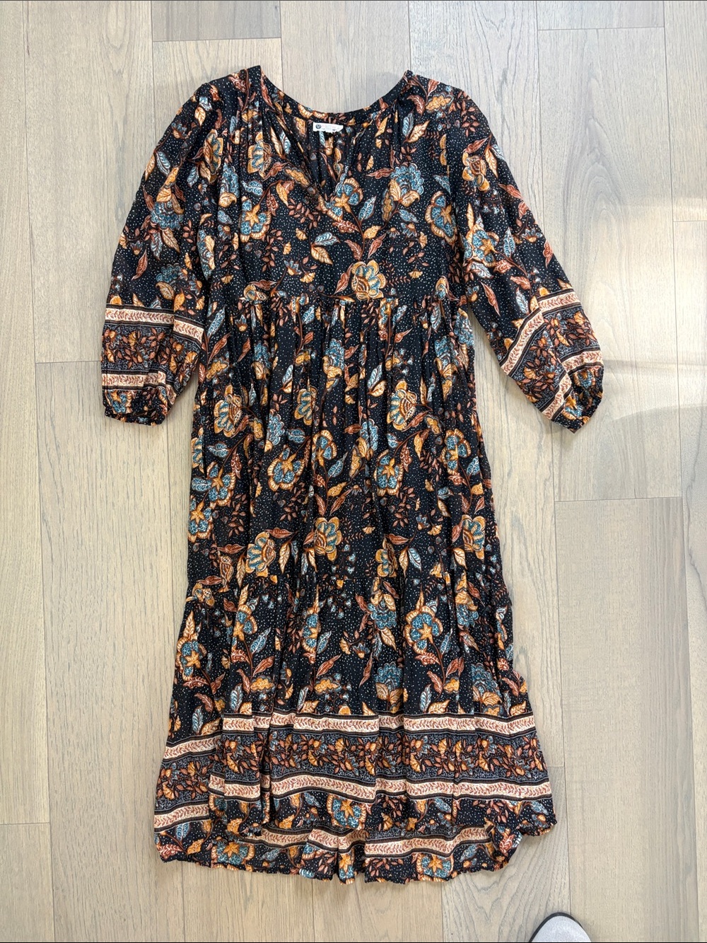 Sundry for Everve Black Floral Midi Dress with Blue and Tan Accents